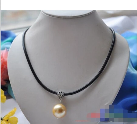 

p3192 20mm golden south sea shell pearl pendant 20inch Leather Chain @^Noble style Natural Fine jewe FREE SHIPPING