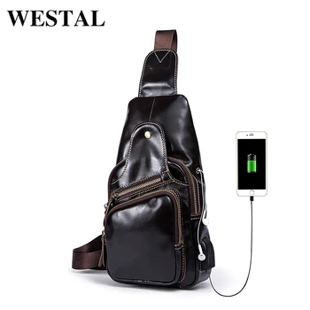 

WESTAL men's chest bag genuine leather fashion desinger luxury brand bag for men's chest pack chest bag with usb charging 8123