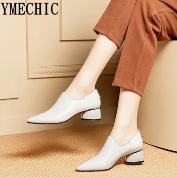 

YMECHIC 2019 Genuine Leather Medium High Heels Pumps Women Shoes Black Beige Pointed Toe Woman Office Career Lady Shoe Plus Size