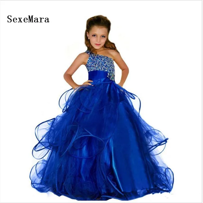 Элегантный насыщенного синего цвета 2019 блестящее платье для девочек бисер кристаллы пышная органза Платье на день рождения Дети пышное