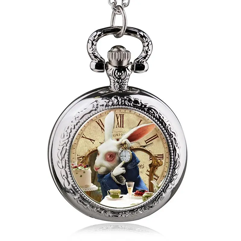 

New Fashion Stainless Steel Quartz Pocket Watch Rabbit Pattern Fob Chain Watch Men Women Best Gift HB1023