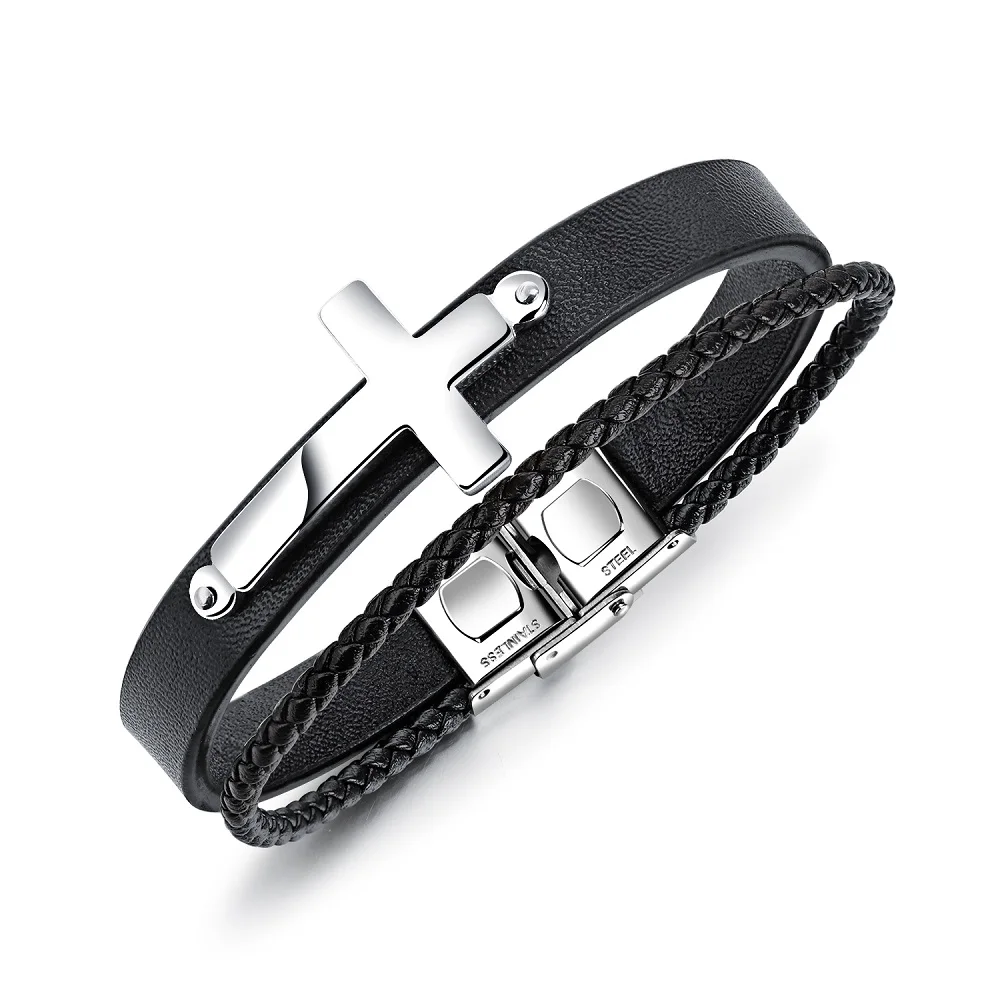 FATE LOVE New Male Men Statement Cross Charm Bracelets & Bangles Jewelry Black PU Leather Wristlet Fashion Jewelry