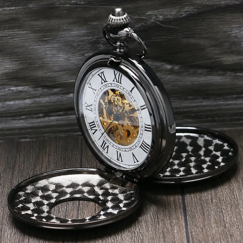 Retro Double Hunter Mechanical Skeleton Pocket Watch Luxury Gift Necklace Watches Men Women