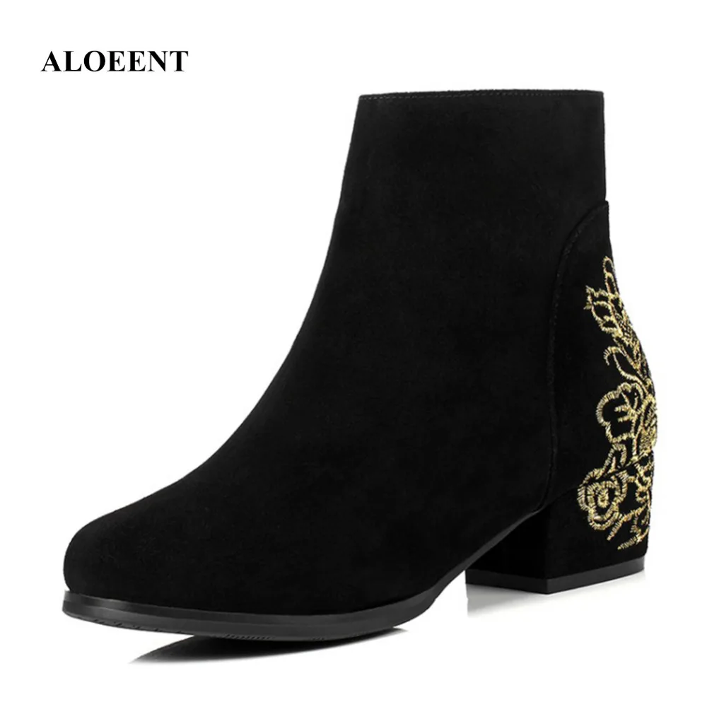 ALOEENT Winter Western Snow Boots Velvet Zip Print Embroider Round Toe