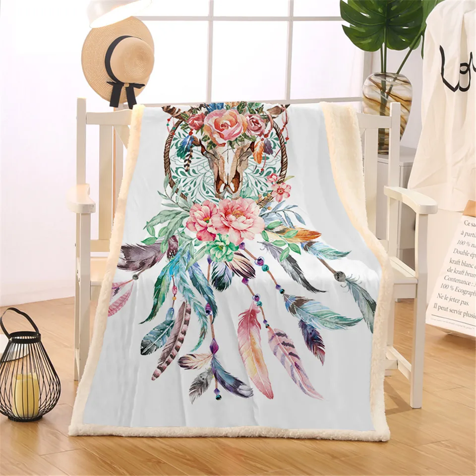 BlessLiving Cow Skull Decorative Throw Blanket Dreamcatcher Feathers Roses Native American Fleece Thin Quilt Sherpa Bed Blanket