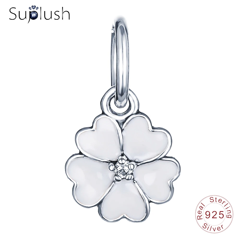 Suplush Silver White Enamel Flower Pendant Charm Beads Fit Original Bracelet 925 Sterling Fine Jewelry PSMB0368 |