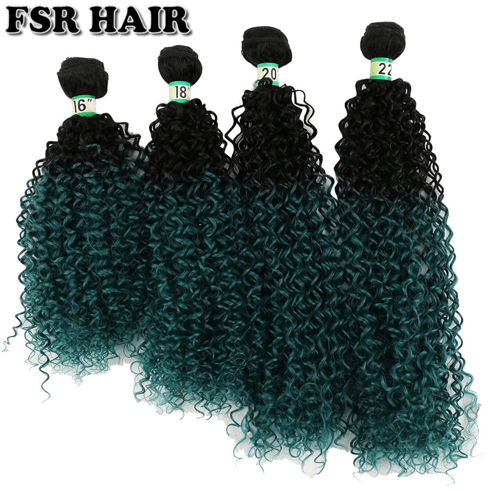 Afro Crespo Encaracolado Ombre Cor do Cabelo Preto para Verde 16 18 20 & 22 Disponível 70 G/peça Extensão do Cabelo Sintético 2 Cheap Tecer sintético