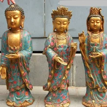 Bi001869 19 ДЮЙМОВ "Тибет Бронзовый перегородчатой Позолотить Трехсвятительская Западно Будды Гуань Инь Набор