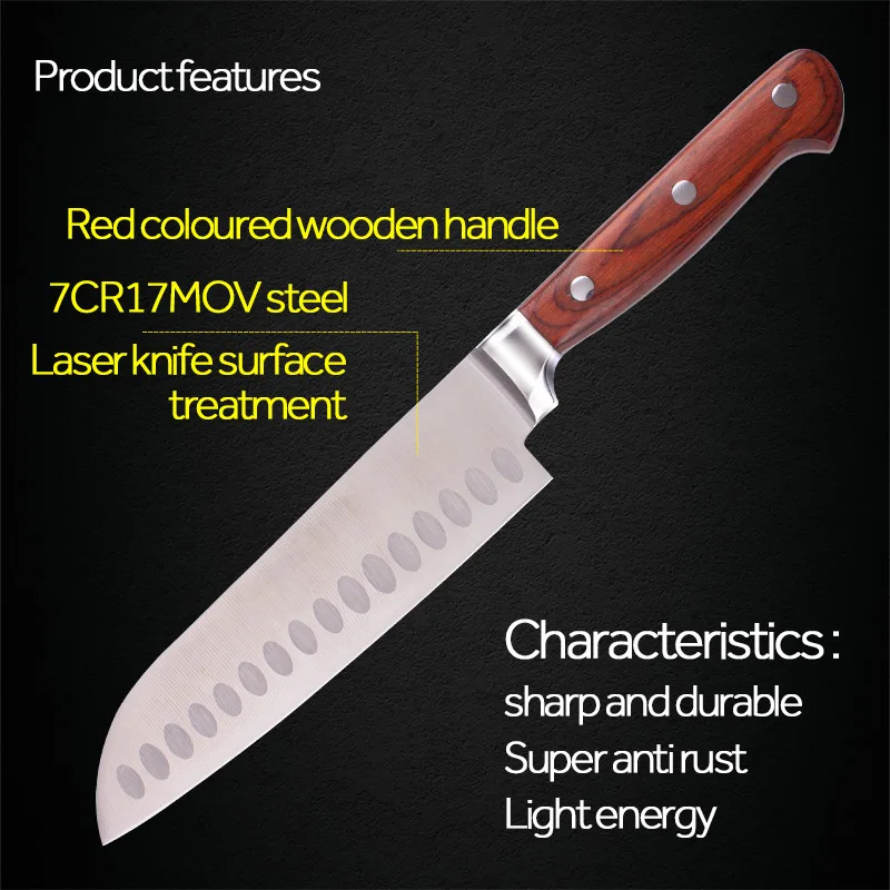Острый 7 дюймов красный цвет деревянной ручкой японский 7Cr17Mov Нержавеющая сталь шеф-повара ножи Santoku кухонные инструменты для приготовления пищи подарки нож