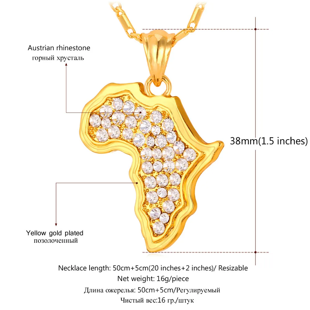U7 Цепочка С Подвеской Карта Африки Стразы Ожерелье Для Женщин / Мужчин Африканские Этно Украшения P369