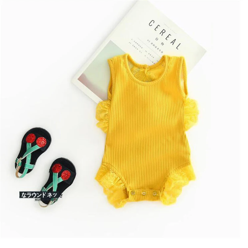 Детские Боди для девочек, милая одежда для малышей хлопковая летняя одежда без рукавов для новорожденных девочек от 0 до 24 месяцев, детские комбинезоны, детские комбинезоны - Цвет: yellow lace bodysuit