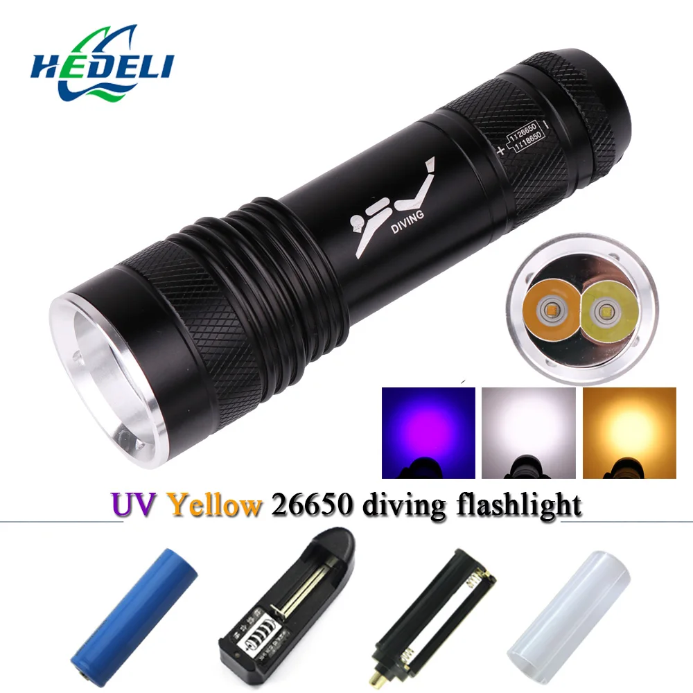 

uv lamp scuba diving flashlight 26650 CREE XML-T6 underwater lanterna worklight lampe torche waterproof torch flashlight 18650