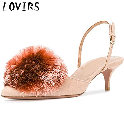 Lovirs Pumps for Women,Puff Pompom Kitten Heels Blue Pointed Toe Slingback Pumps Low Heel Sandals Evening Party Wedding Shoes - Цвет: Nude
