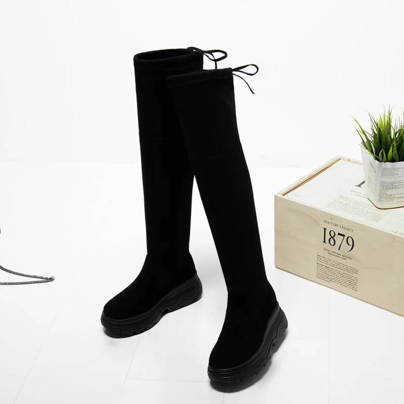 

Autumn Winter Women Boots Flock Over The Knee Boots 2018 New Round Toe Women Pointed Thick with Big Knee-high Boots Size 35-39