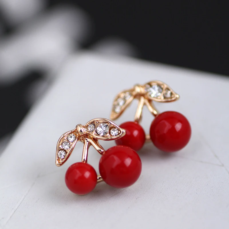 Корейские серьги гвоздики для женщин и девочек милые красные стразы в виде вишни