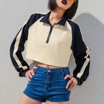 

Harajuku Cropped Hoodies Women Long Sleeve Womens Hoodies Pullover Turn-down Collar Korean Sweatshirt Contrast Color