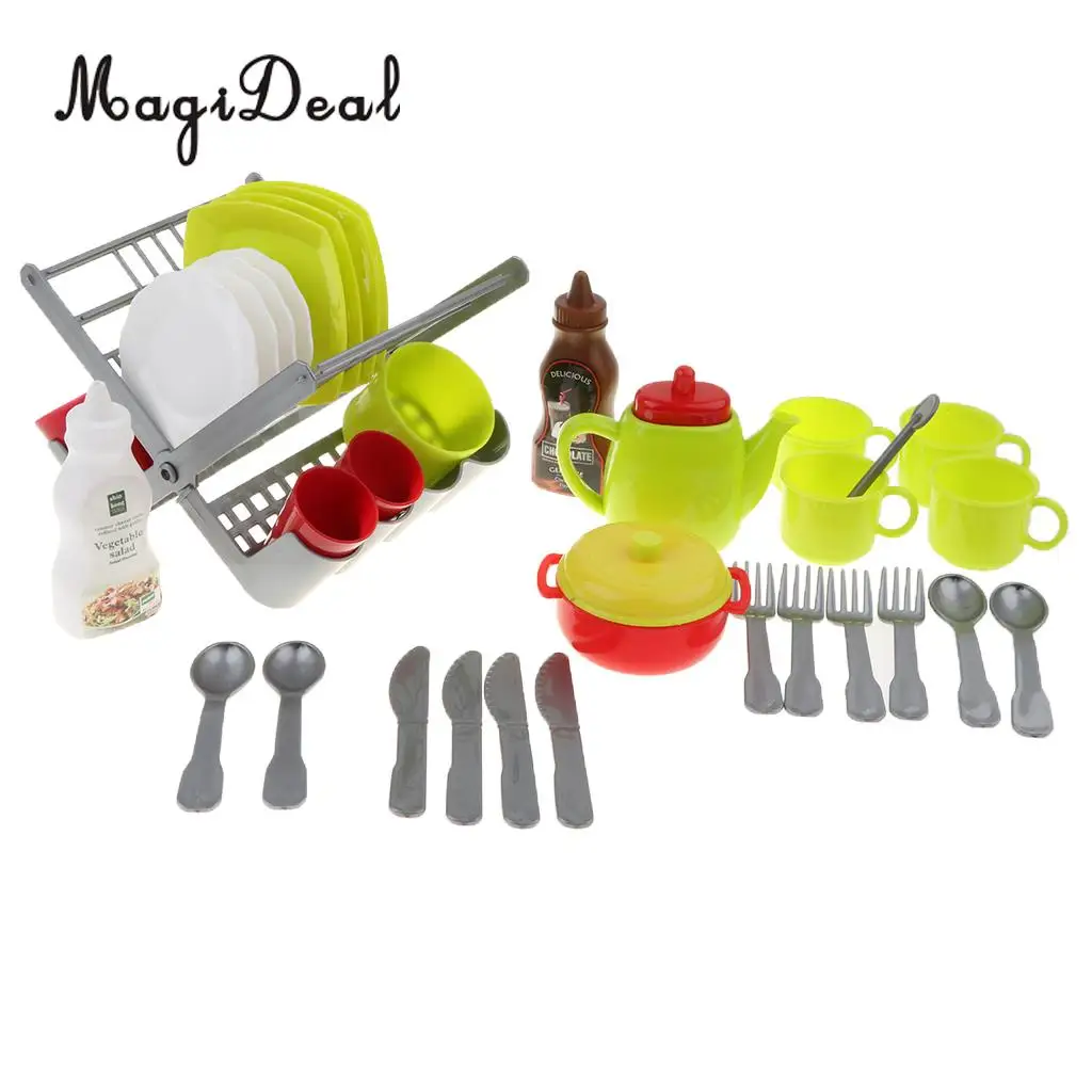 Durable Kids Children Pretend Play Dish Set (34 Pieces/ Set) with Drainer