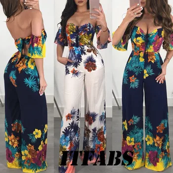 

Elegant Sexy Jumpsuits Women Floral off the Shoulder Jumpsuit Loose Trousers Wide Leg Pants Rompers Holiday Leotard Overalls