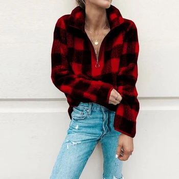 

Plaid Casual Sweatshirt Women Loose Long Sleeve Zip Pullover Ladies Fashion Autumn Winter Slim Streetwear Sweatshirts Female