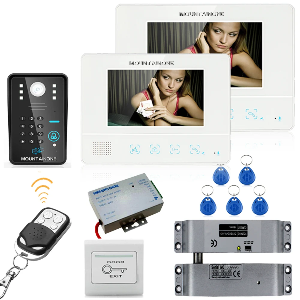 

7 "rfid wachtwoord video deurtelefoon intercom systeem deurbel camera 1000tvl 2 monitor + elektrische drop bolt lock