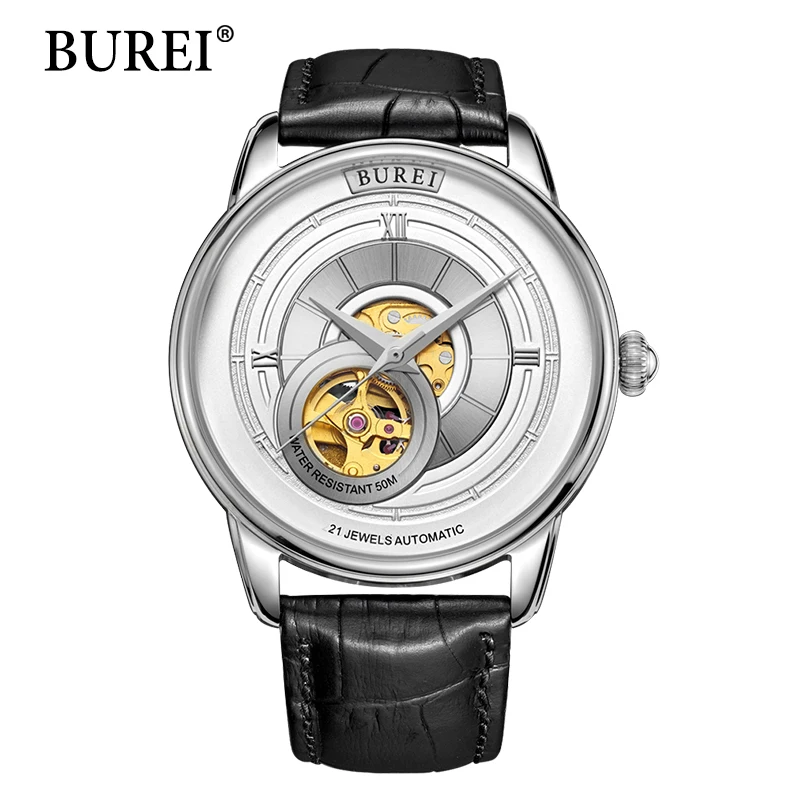 BUREI Mechanical watch Men Top Fashion Brand Male Clock Sapphire Genuine Leather Strap Waterproof automatic WristWatch Hot Sale
