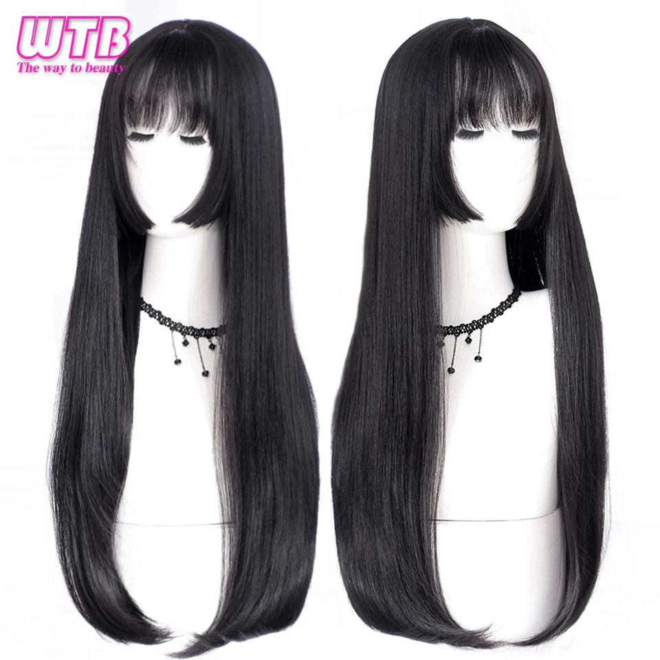 Pelucas sintéticas negras de pelo lacio largo WTB para mujer moda femenina Cosplay fiesta pelucas de Navidad regalos gratis Pelucas sintéticas negras de pelo lacio largo WTB para mujer moda femenina Cosplay fiesta pelucas de Navidad regalos gratis