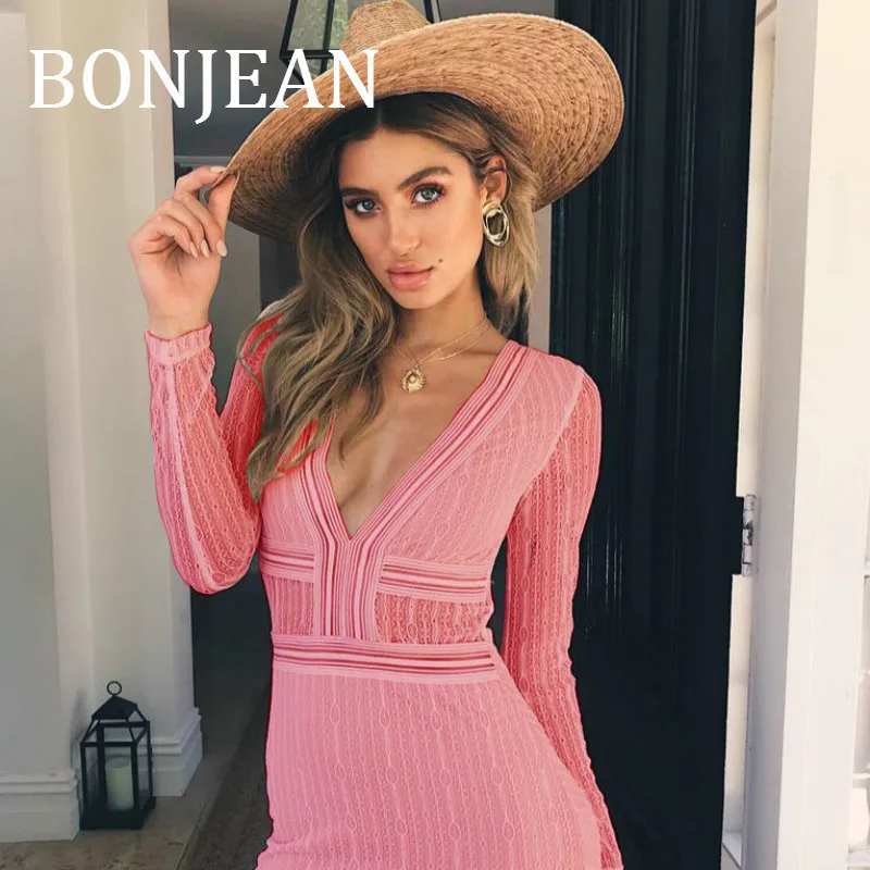 

BONJEAN Lace Patchwork Dress for Women 2019 Autumn Clothing Long Sleeve Pink Sheath Dress Robe Femme Mini Dresses BJ1488
