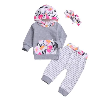 

Newborn Baby Girls Clothes Long Sleeve Flower Top+Striped Pant+ Bowknot Headband 3pc Cotton Casual Set Fashion