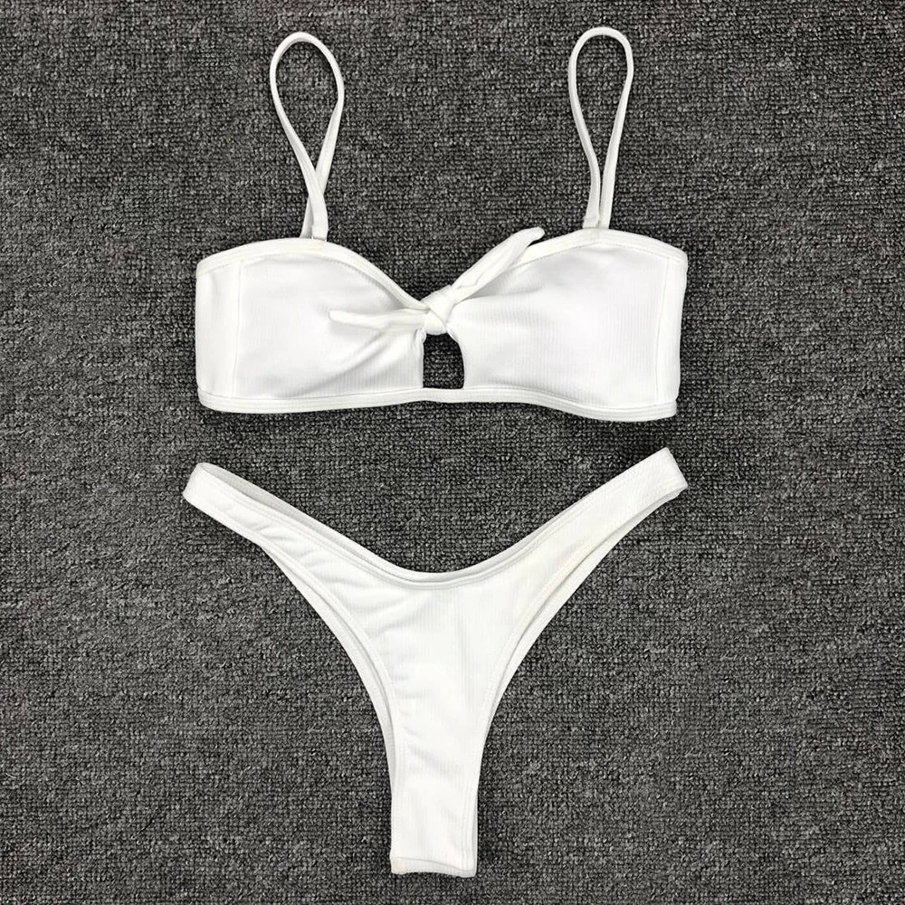 

Thong Swimwear Solid Bikini Set Tie Front Bikini 2019 Push Up Swimsuit Black White Bathing Suit Women Halter Bandage Swim Suits