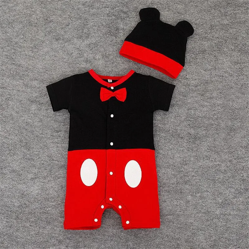 Летний детский комбинезон+ шапочка, 2 предмета, комбинезон с Микки Маусом для мальчиков и девочек, костюмы для младенцев, комплект одежды для новорожденных, милые комплекты для малышей
