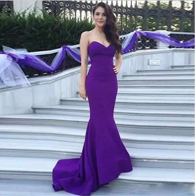 Tpsaade V образным вырезом Формальные атласные вечерние платья Фиолетовый Prom Dress Mermaid Простые Модные Лидер продаж индивидуальный заказ