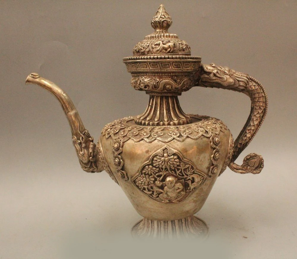 

DS 11" Chinese Dyansty Silver Painting Dragon Handle Beast Wine Tea Pot Flagon