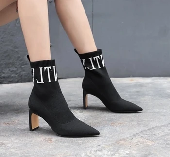 

2018New fall and winter slender stiletto boots with a wide range of knit boot tip female boots women boots comfortable elegant