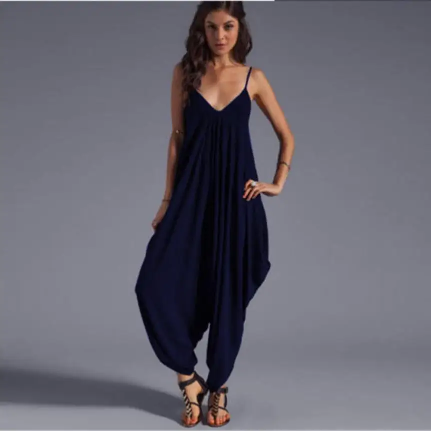 Women V Neck Camisole Thin Loose Strap Strappy Baggy Jumpsuit Playsuit