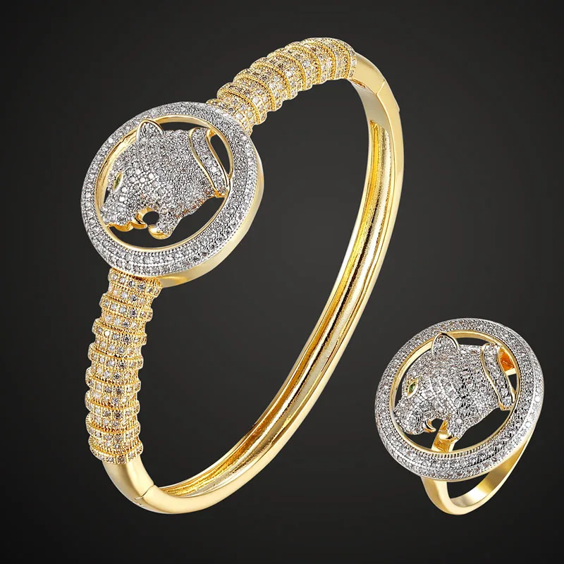 

Brand Double plated color Leopard Animal Bangle And ring jewelry sets Animal Bangle Ring Set For Party anniversary Bridal Bijoux