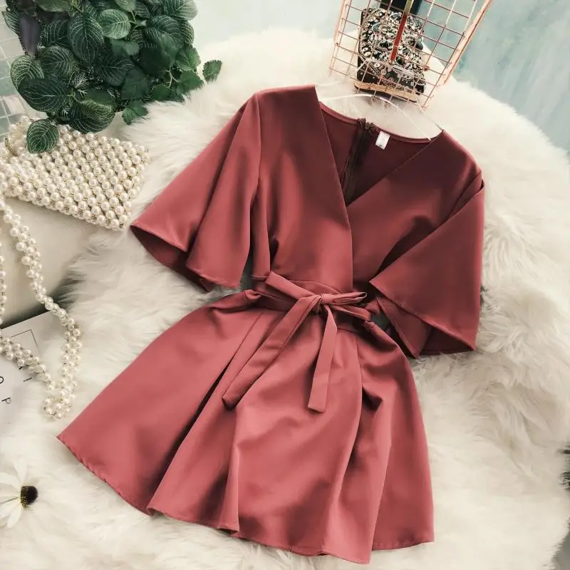 Lady New Fashion Dresses Women Solid Color Elegant V-neck Short Flare Sleeves High Waist Slim Elegant Female Vestidos B903