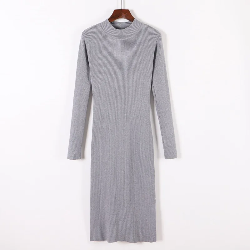 GIGOGOU длинное вязаное платье осень зима базовый пуловер свитер платья с длинным рукавом О-образным вырезом Облегающее Платье плотное сексуальное облегающее платье - Цвет: grey 0811