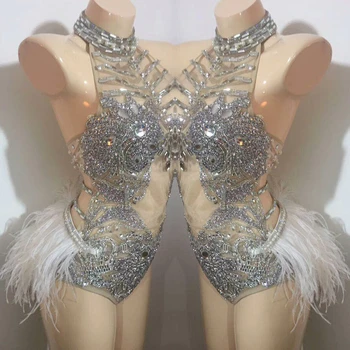

silver Crystals Bodysuit singer Sparkling sexy DS female costumes slim performance dress Bar DJ show party stage prom