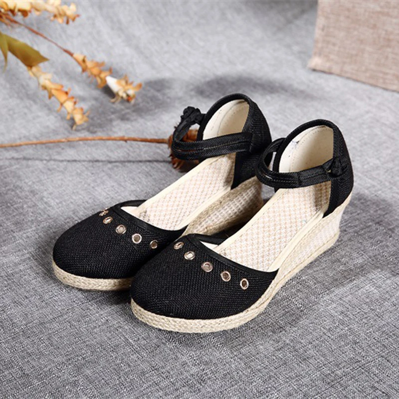 Women Sandals Casual Linen Canvas Wedge Espadrilles Sandals Summer Vintage Embroidered Ankle Strap Med Heel Platform Pump Shoes (4)