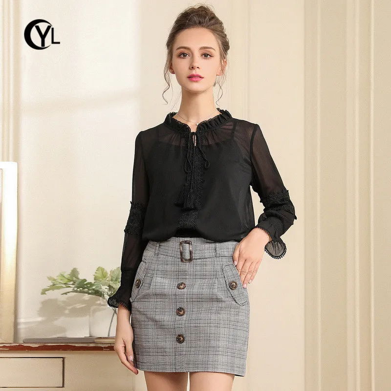 OUYALIN L-3XL 4XL 5XL Плюс Размер Женская блузка 2018 Офисная с бантом длинным рукавом