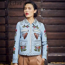 Brand Fashion Real Leather Jacket for Men&Women Short Lover Painted Rivet Embroidery Geninue Leather Jacket Floral Coat