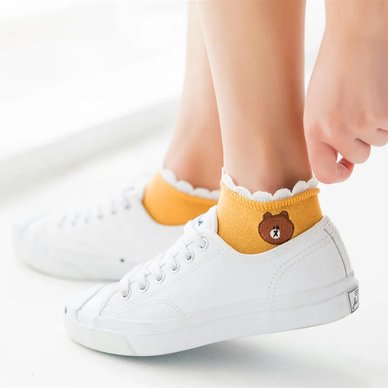

New Arrivals Women Summer Cotton Embroidery Bear Short Edge Socks Harajuku Kawaii Female Casual Cartoon Sock Ladies Ankel Socks