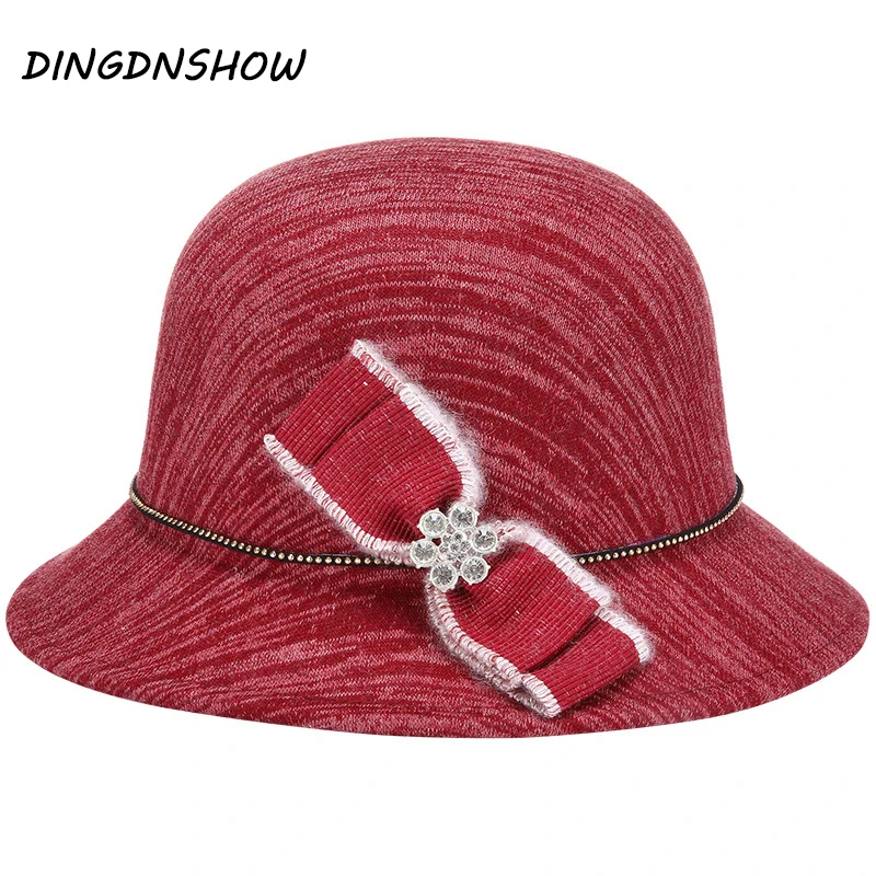 

[DINGDNSHOW] 2019 Fedora Hat Wool Adult Top Hat Bowler Derby Floppy Hats Bowknot Lady Winter Cap Women