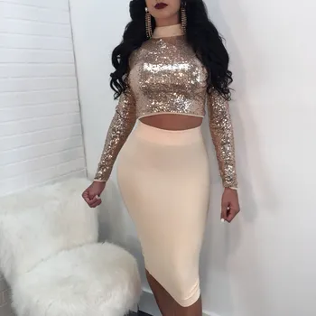 

2018 Summer Autumn 7 Colors Sexy Sequined Tops Skirt Sets Two-Pieces Long Sleeve Lace Up Skirt Two Sides Suits