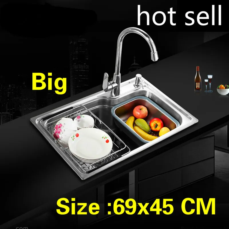 

Free shipping Household standard vogue Kitchen single trough sink do the dishes durable 304 stainless steel hot sell 690x450 MM