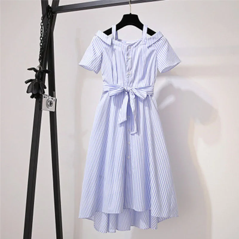 

2019 New Design Striped Dress Women Slash Neck Sexy Button A line Dresses Female Summer Short Sleeve Vestidos With Belt
