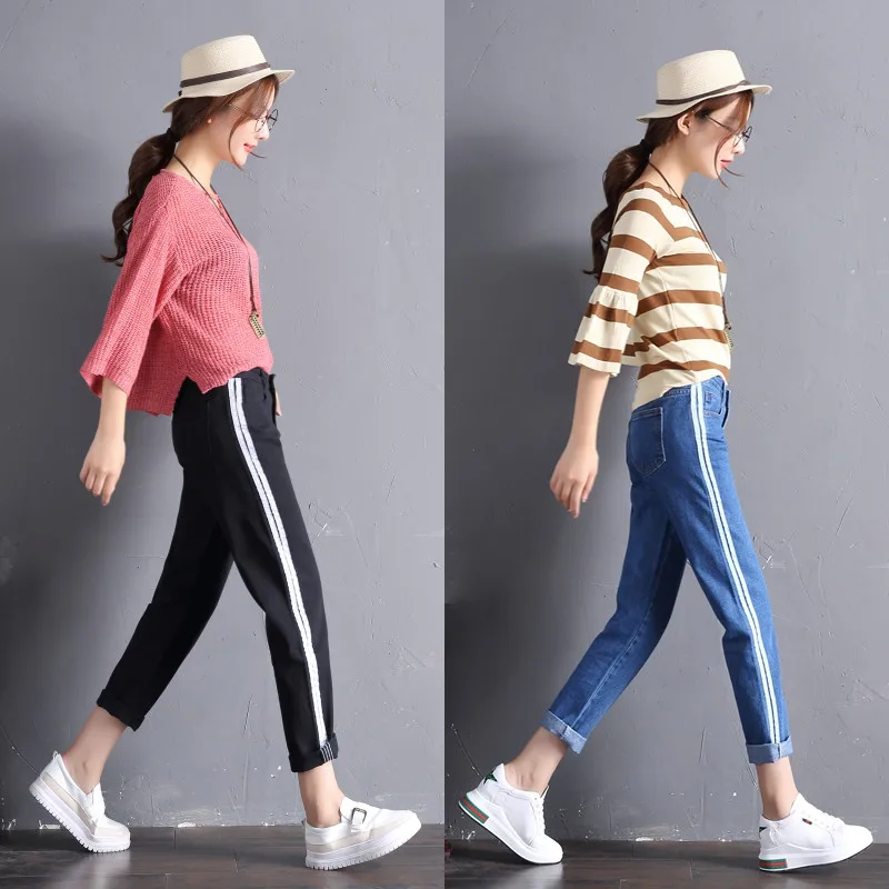 2018 новые весенне-летние сторона ленты джинсы женщин, сплошной цвет был тонкие брюки, девять очков джинсы женские