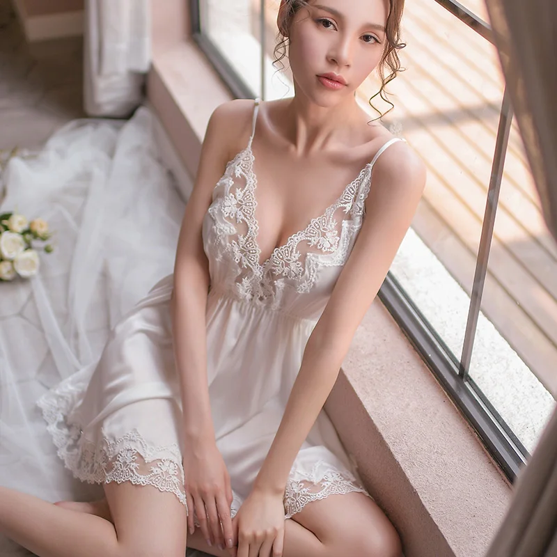 Women Night Sleep Dress Sling Lace Embroidery V-Neck Sexy Lingerie