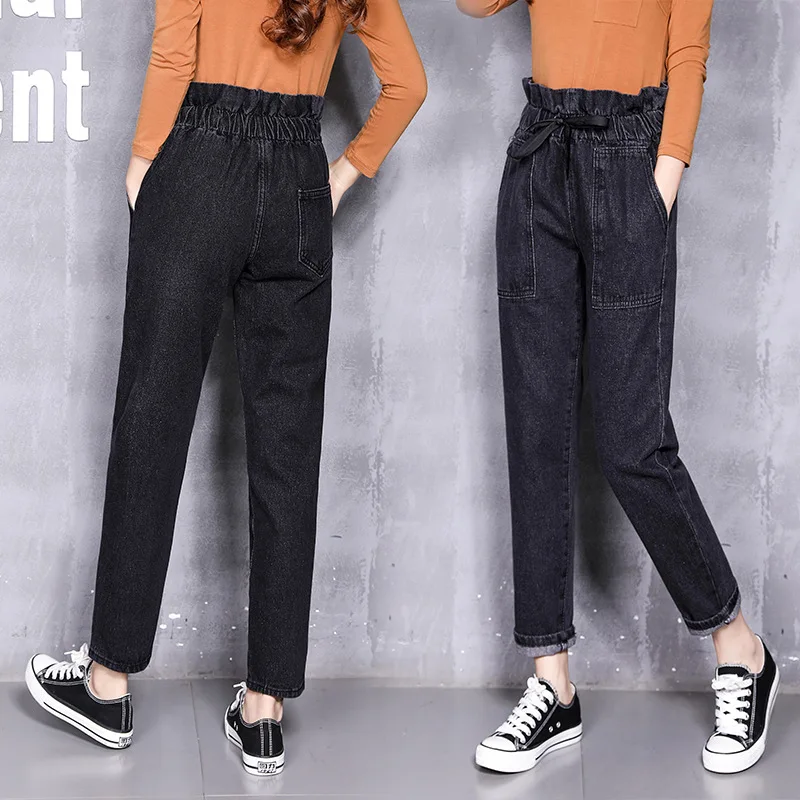 2018 Autumn winter new flower buds loose waist curling jeans women street fashion girls pants black high waist boyfriend jeans
