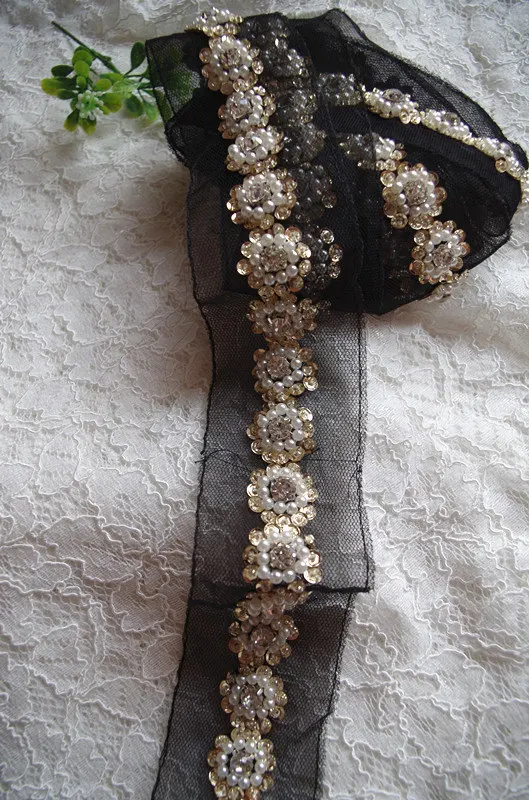 Buy black beaded trim, black trim with gold sequins
